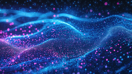 Abstract blue and pink particles wave forming futuristic digital landscape. Futuristic technology and data visualization concept. High quality photo