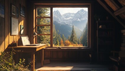Wooden cabin interior with a view of mountains.