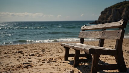 Bench by the sea on a sunny day, tranquility concept.