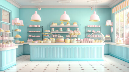 “Interior of a cake shop with no people present. The space features displays of various cakes and pastries, with neatly arranged shelves and counter setups showcasing a variety of sweet treats 