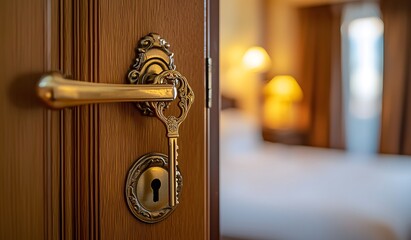 Close-up of a hotel room door with a golden key in the modern, luxury apartment or house interior, with a bedroom bed in the background.