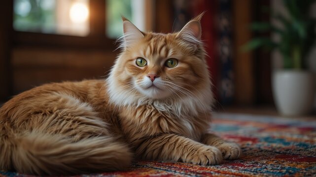 Fluffy cat lying on colorful persian rug, cozy indoor scene.