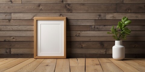 blannk wooden verticanl franme mock up, wooden franme poster on wooden floor with white wanll, empty picture franme mockup.