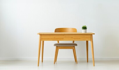Elegant bamboo desk with a matching chair in a minimalist office, paired with potted plants and a natural color palette, sustainable office design, bamboo office furniture