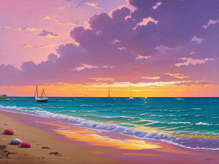 幻想的な夕方の海に船が浮かんでいる