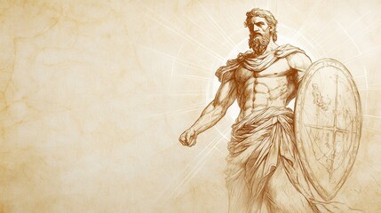 Naklejka premium Biblical Illustration of Psalms 5: A shield of light surrounding David, symbolizing God’s favor and protection from harm, representing divine safety and guidance, on a beige background