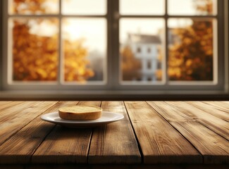 wooden table with a blurred window and autumn background for product display montage