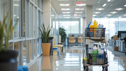 Professional janitorial cart with cleaning supplies in corporate office environment