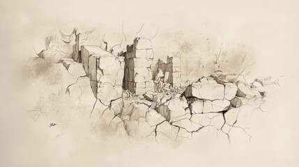 Obraz premium Biblical Illustration of Psalms 28: A Crumbling Structure Symbolizing the Downfall of Those Who Ignore God's Works on Beige Background