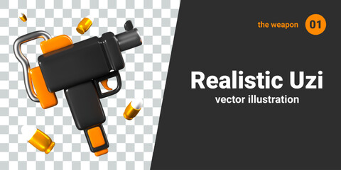 Realistic Uzi gun, bullets all around. Old firearms. Isolated vector weapon model
