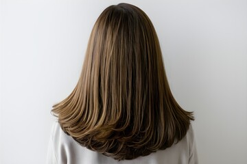 Fototapeta premium Back view of person with shiny brown hair, wearing light top against white background