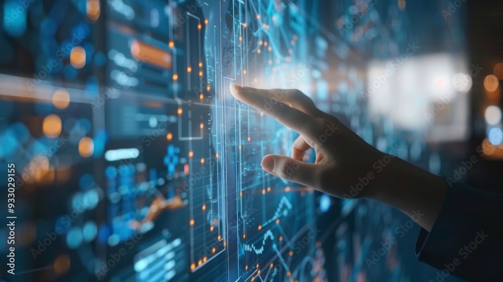 Poster A hand interacts with a digital interface showcasing big data metrics and analytics at a tech event