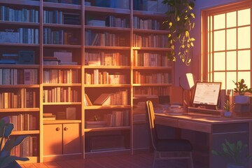 Fototapeta premium A cozy study area with a desk lamp casting a soft light over books and notes. Cozy vibe, Generative AI