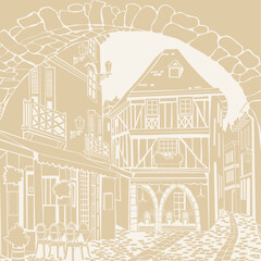 Naklejka premium Old town. Street cafe. Old city view. European cityscape: house, building, Street cafe. Old houses on white background. antique medieval treasure parchment. Vector Illustration