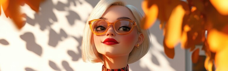 Obraz premium 3D Cartoon of Trendy Blonde Girl in Casual Attire with Red Lipstick Enjoying Fun Times Outdoors