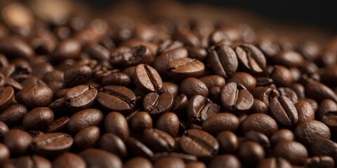 Fototapeta premium Close-Up of Roasted Coffee Beans in a Heap - Rich Aroma and Flavor for the Perfect Cup of Coffee.