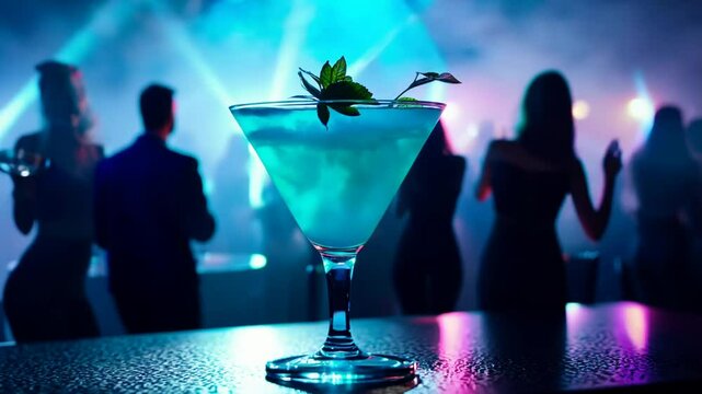 Nightlife cocktail preparation at a vibrant bar with guests enjoying the atmosphere