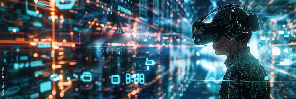 Poster a hacker in a vr headset navigates a virtual environment filled with intricate digital locks and flo
