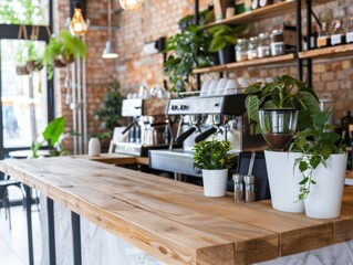 Fototapeta premium A professionals-friendly rustic cafe featuring espresso specialties, with a sophisticated vibe, cozy setting, and warm decor.