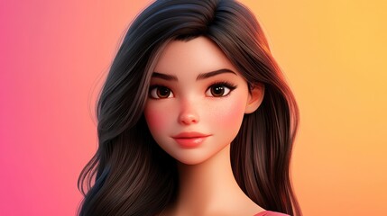 Naklejka premium 3D cartoon portrait of a charming brunette on a bright background