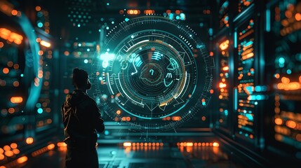 Obraz premium Futuristic digital background with abstract futuristic glowing circular portal and circuit board