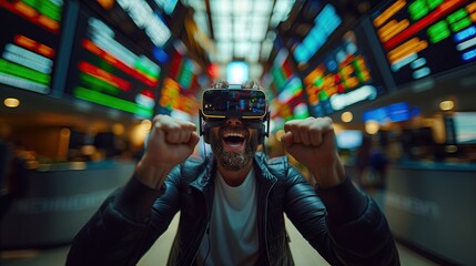 Stock trader using virtual reality headset smiling happily at sudden stock market growth. Financial opportunity concept with stockbroker with green chart graph data and real time information.