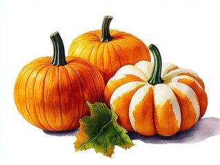 Three pumpkins with autumn leaf on white background Three vibrant pumpkins, including a striped one, placed beside an autumn leaf on a white background. Ideal for fall-themed designs and seasonal