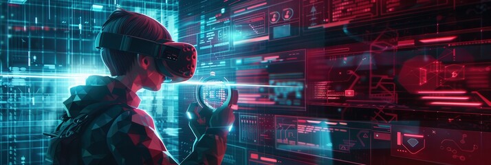 A hacker wearing a VR headset navigates a virtual space filled with floating digital locks and complex codes in an immersive experience. Generative AI