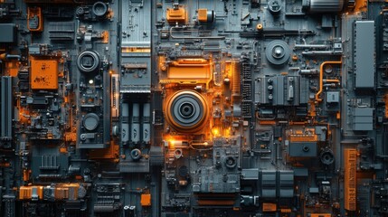 Fototapeta premium Abstract close-up of a complex circuit board with glowing elements.