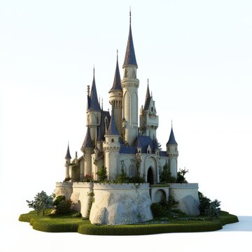 recommend clip art: 3D Render of a castle with enchanted gardens and mystical creatures, on isolated white background