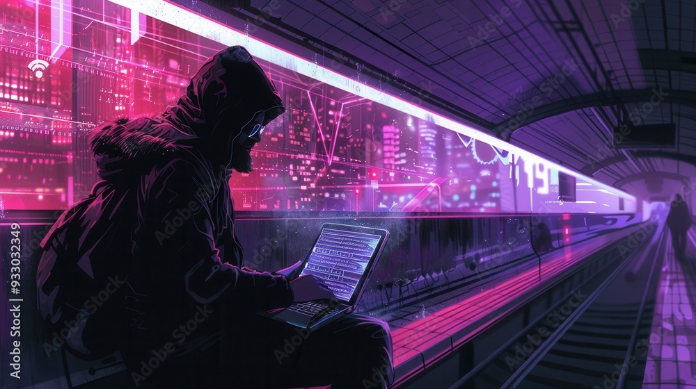 Aufkleber a hacker sits in a metro station, focused on their laptop, illustrating the vulnerabilities of acces