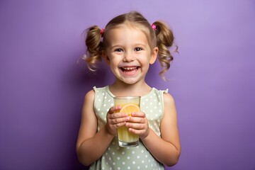 Happy little girl smiling and holding lemonade on purple background