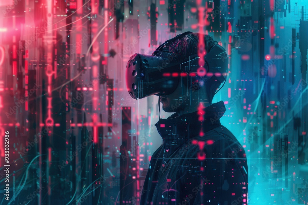 Aufkleber A hacker navigates a virtual space filled with glowing digital locks and codes, immersed in a high-tech experience with a VR headset. Generative AI