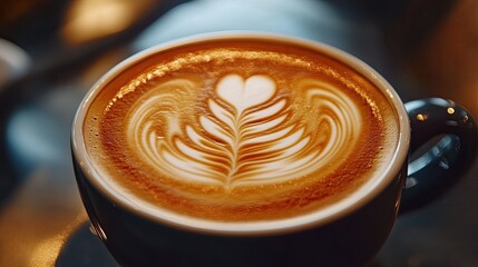 Close-up shot of a latte with latte art. This image shows a coffee drink with a heart and leaf design.
