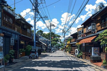 peaceful and detailed anime-style illustration of quiet Japanese street during day, with traditional wooden buildings and clear blue skies. serene and nostalgic atmosphere, everyday life in Japan