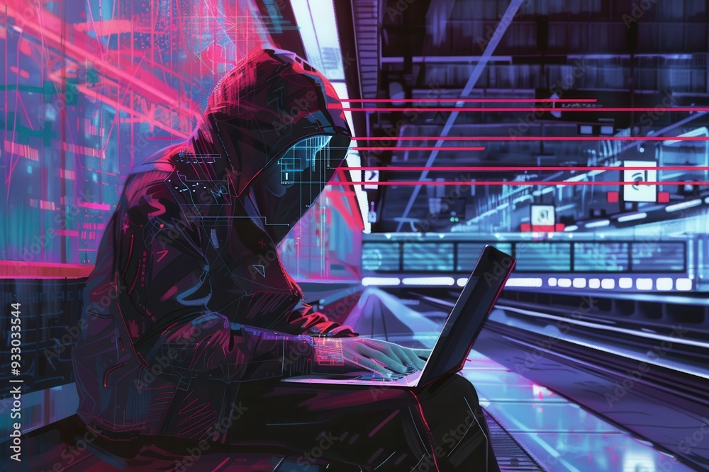 Fototapete A hacker types on a laptop in a crowded metro station, highlighting vulnerabilities of public Wi-Fi networks late at night. Generative AI