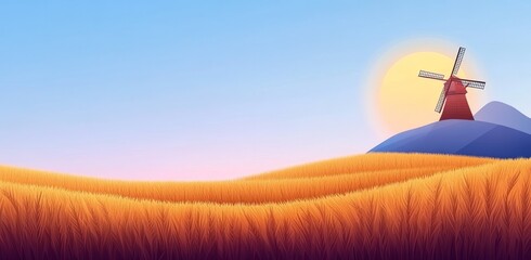 Obraz premium Illustration of a wheat field with a windmill
