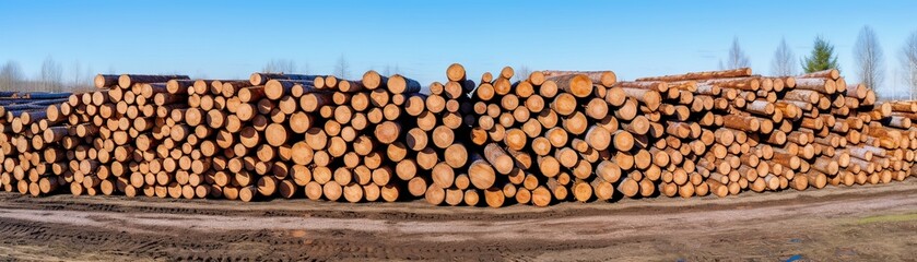 Panoramic view of neatly stacked timber logs in a lumberyard under a clear blue sky, ready for processing.