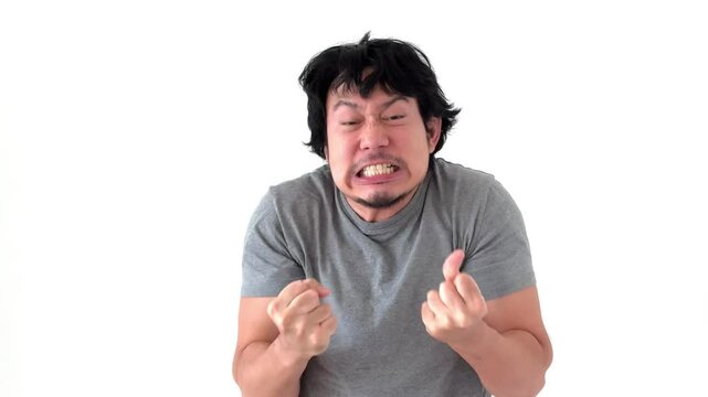 Angry and furious asian man stressful on white background.