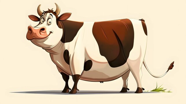 Fat brown cow smiling cartoon, happy funny farm animal illustration