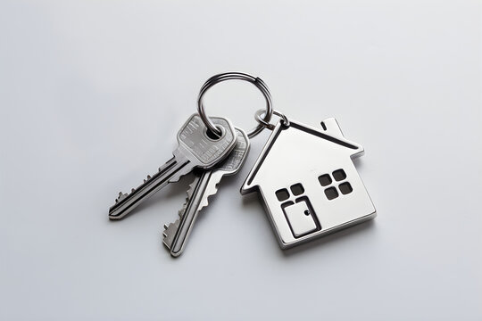 Two silver keys with house shaped keychain on white background