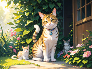 家の玄関で猫と子猫帰ってくるのを待っている