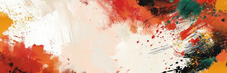 An abstract art - inspired banner with bold strokes and splashes of color that represent the essence of fall, providing a dynamic space for text