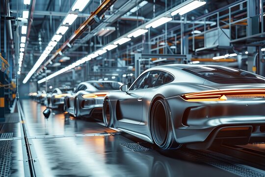 Modern car plant producing silver monocoque bodies on production lines with motion blur
