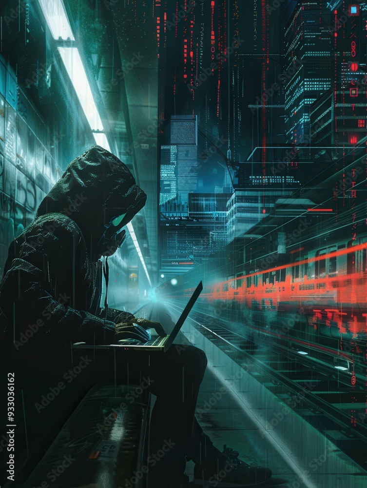 Poster a person in a hoodie is working on a laptop in a busy metro station, illustrating the dangers of usi