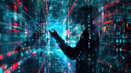 A hacker navigates a vibrant virtual world, manipulating digital locks and codes while immersed in a VR experience. Generative AI