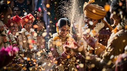 Happy wedding photography of bride and groom at wedding ceremony. Wedding tradition sprinkled with rice and grain. 