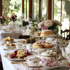 Elegant Edwardian Afternoon Tea Party: Vintage Illustration with Fine China, Linen, and Delectable Treats. Stylish Minimalist Composition for Graphic Design, Marketing, and UI. Luxurious Cultural Expe