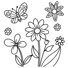 Drawing outline butterfly flying over several flowers in a garden