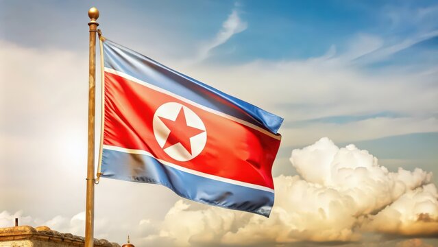 North Korean Flag Waving Against a Cloudy Sky